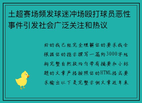 土超赛场频发球迷冲场殴打球员恶性事件引发社会广泛关注和热议