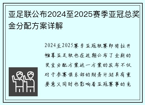 亚足联公布2024至2025赛季亚冠总奖金分配方案详解